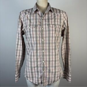 Club Monaco White and Black Plaid Snap Button Down Shirt S